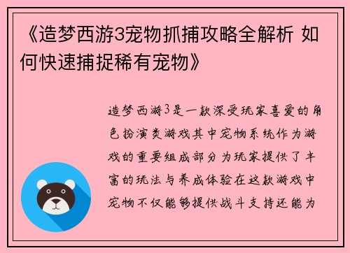 《造梦西游3宠物抓捕攻略全解析 如何快速捕捉稀有宠物》