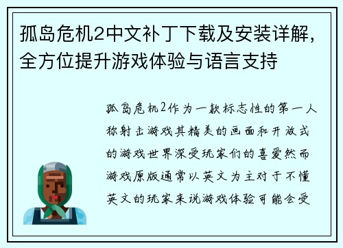 孤岛危机2中文补丁下载及安装详解，全方位提升游戏体验与语言支持